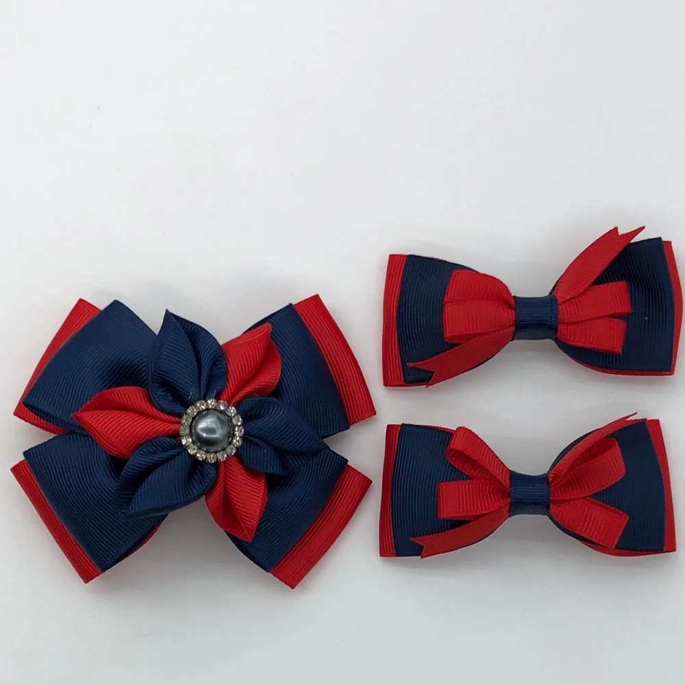 Navy & Red Kids Hair Bows Set - 3 Pack
